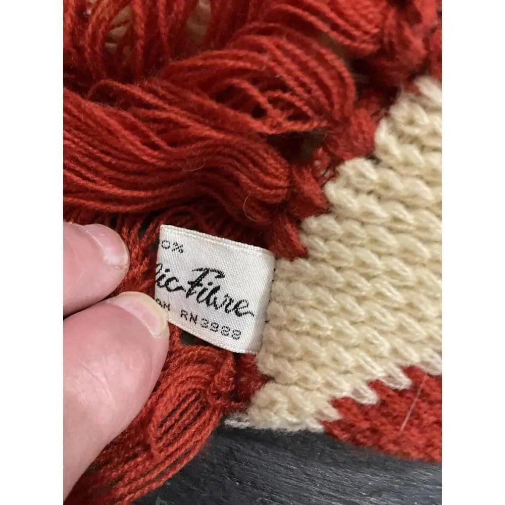 Vintage Brick Red and Cream Striped Acrylic Knit Scarf with Fringe